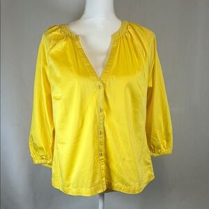Boston Proper Blouse Women's M 3/4 Sleeve Y Neck Yellow Cotton Button Up Top